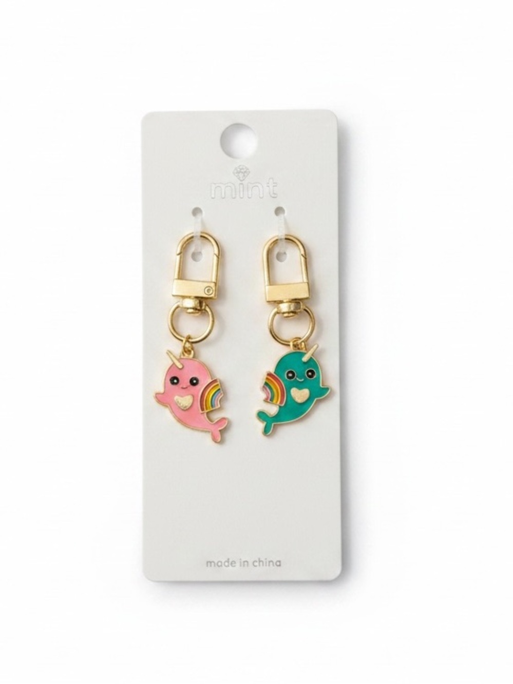 New Mint Kids Narwhal Best Friends Bag Charms‎ / Keychains Set Gold Tone Gift